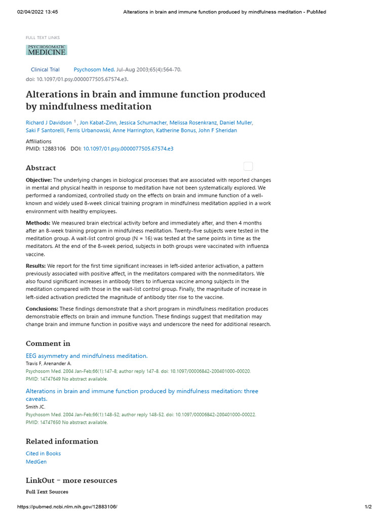 Mindfulness Meditation Effects on Brain and Immunity | PDF