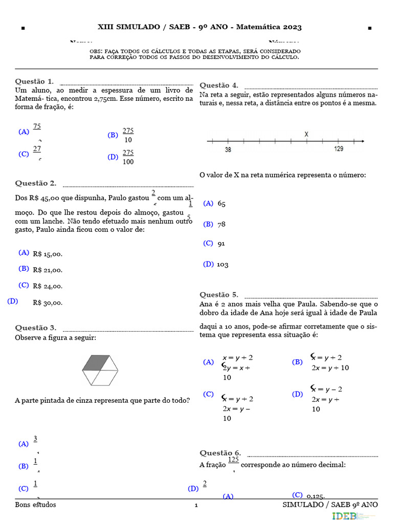 Simulado SAEB 9º Ano Matemática 2023 | PDF