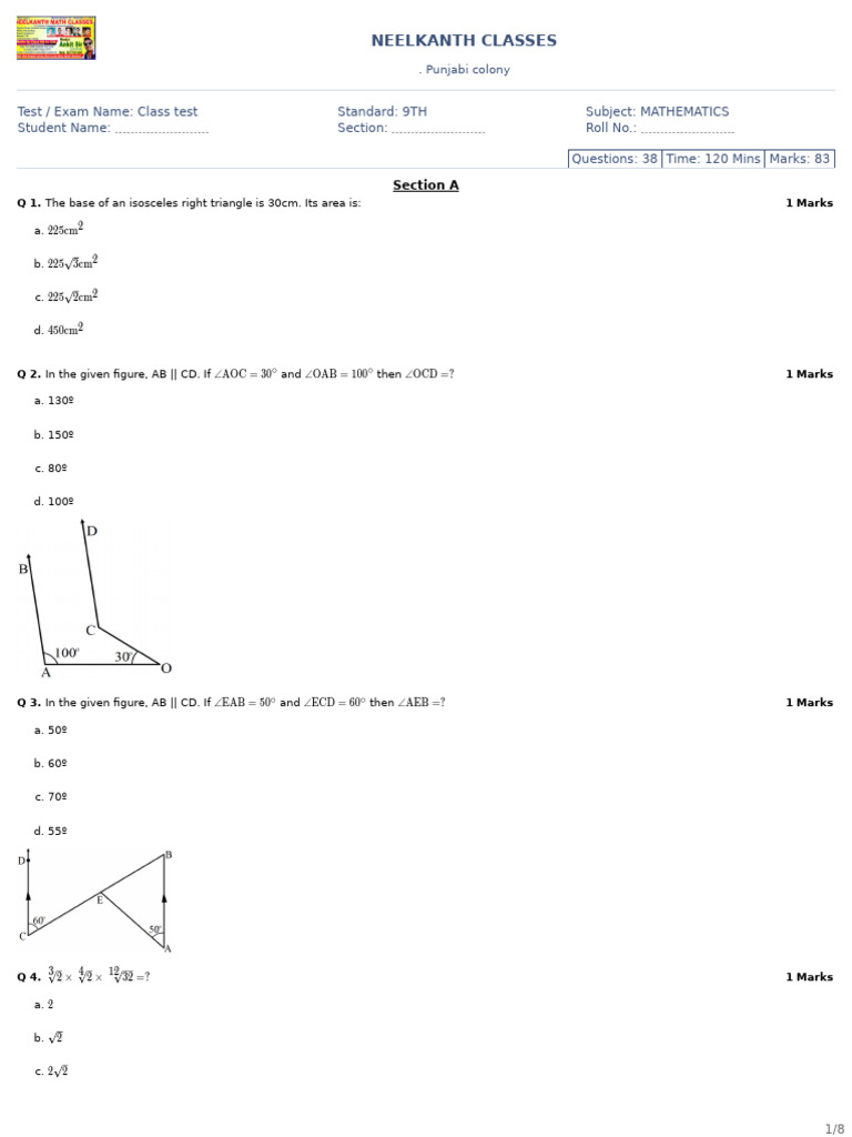 9th Class Mathematics Test Paper | PDF | Triangle | Mathematics
