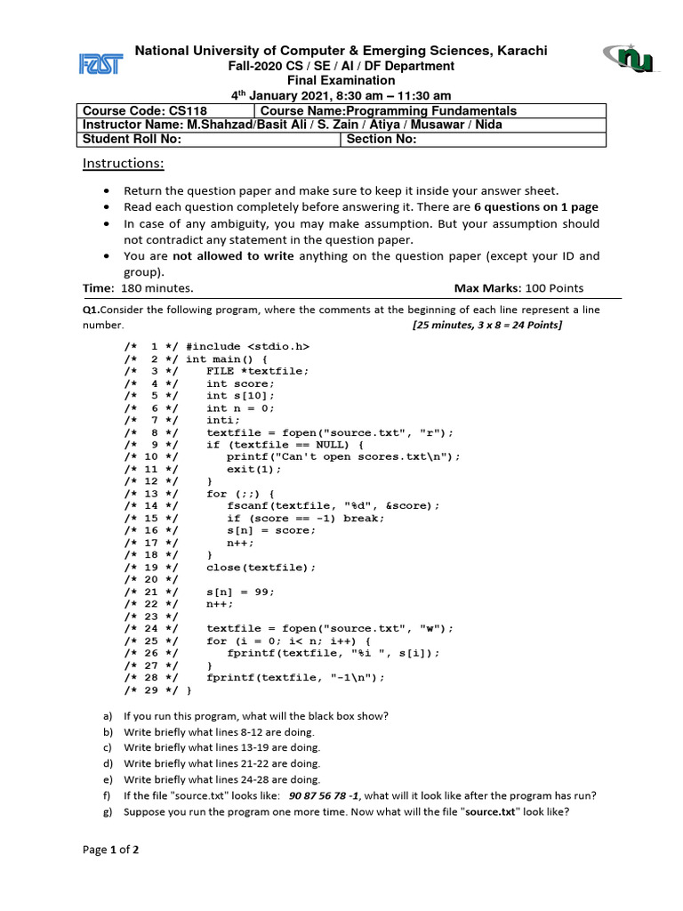 Programming Fundamentals Exam Paper | PDF | Technology & Engineering