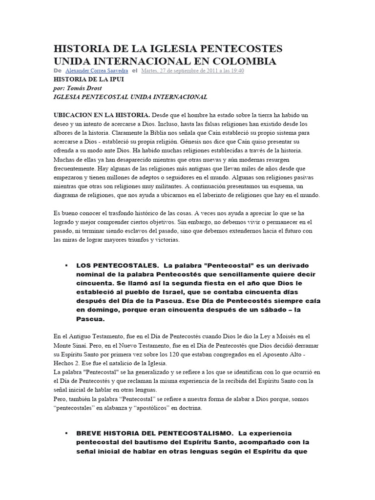 Historia de La Iglesia Pentecostes Unida Internacional en Colombia | PDF