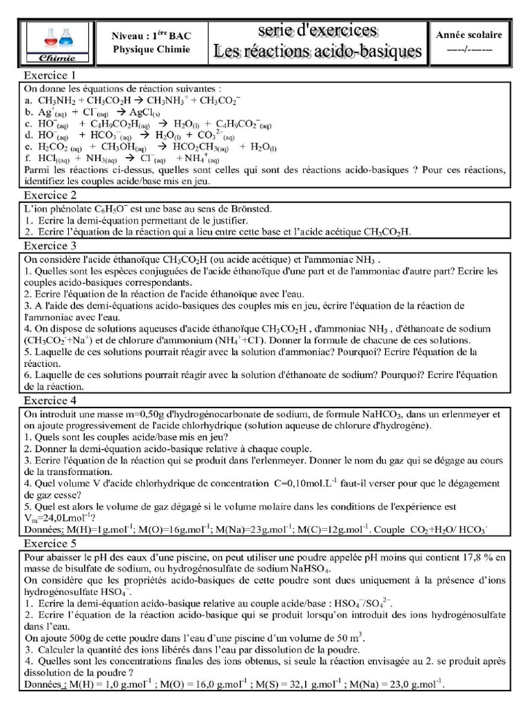 Les Réactions Acido Basiques Exercices Non Corrigés 3 Physique Et ...