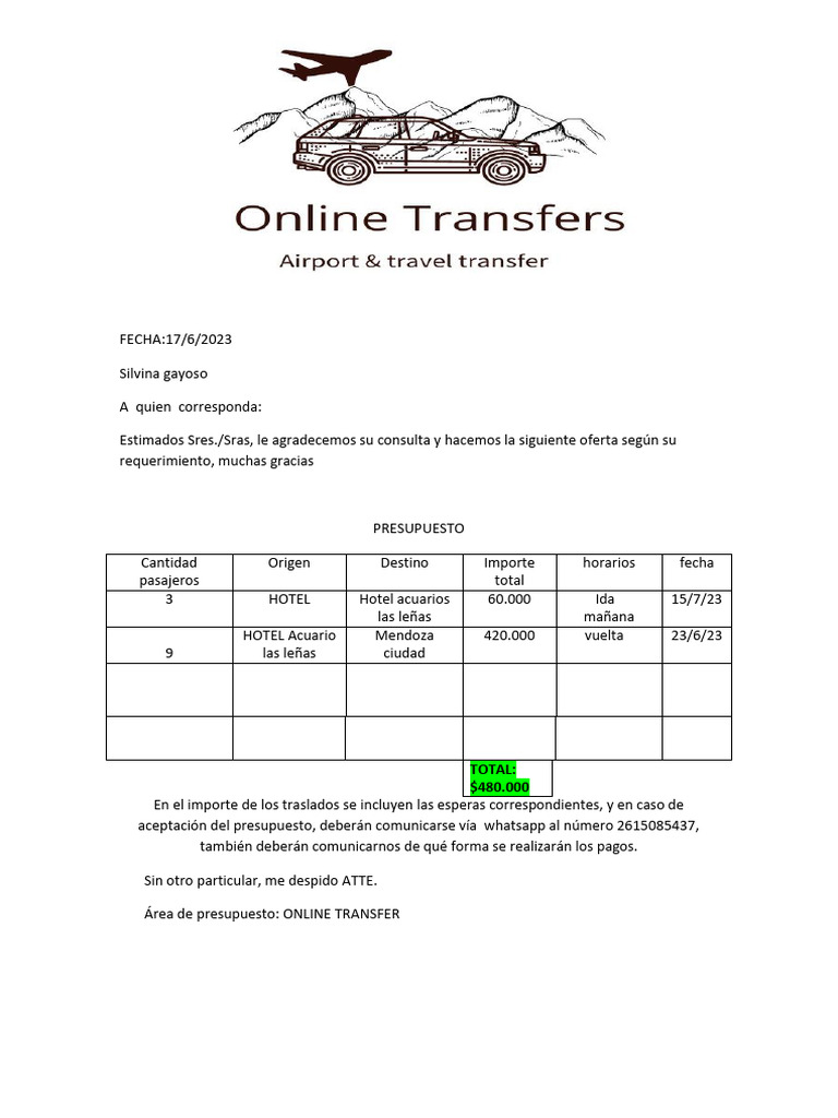 Presupuesto de Hotel y Traslados Mendoza | PDF