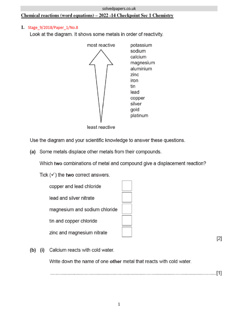 Chemical Reactions Checkpoint Papers | PDF