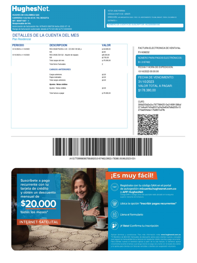 Factura Hughesnet YETSY JOSE PORRAS | PDF