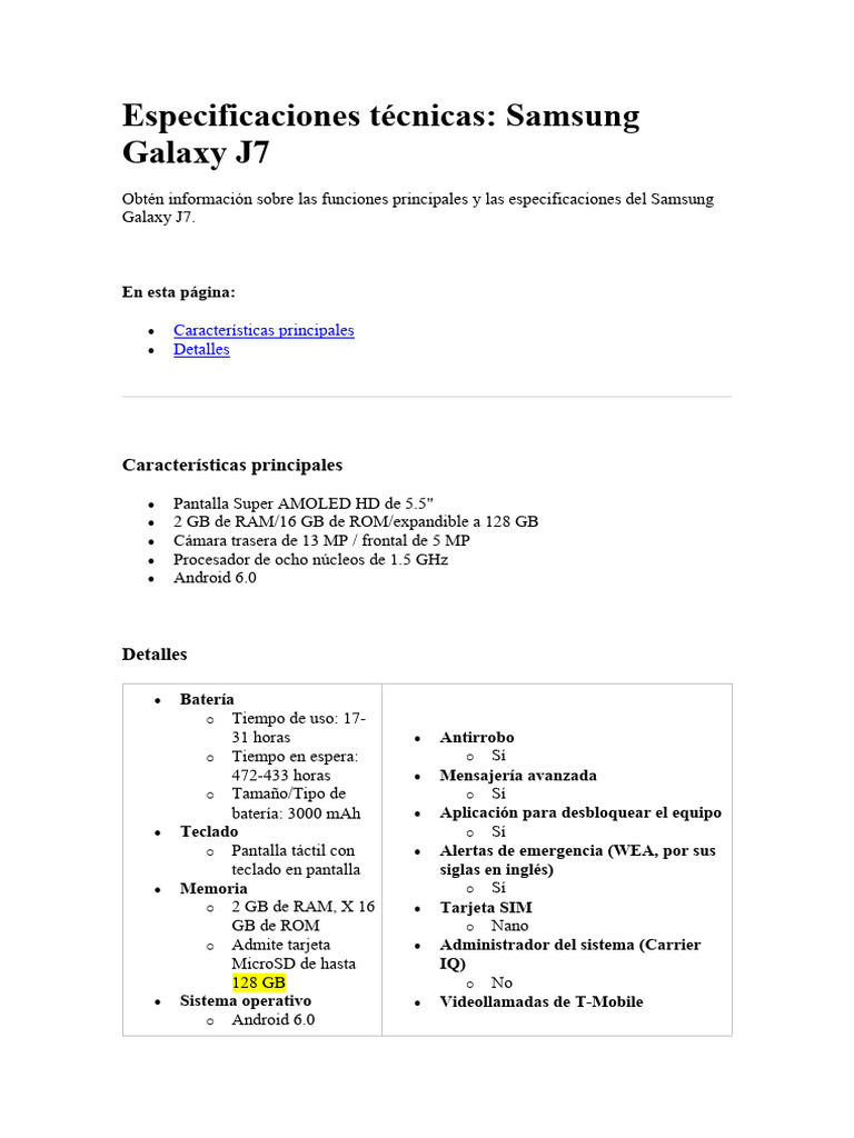 Especificaciones Técnicas - Samsung J7 | PDF | Computers