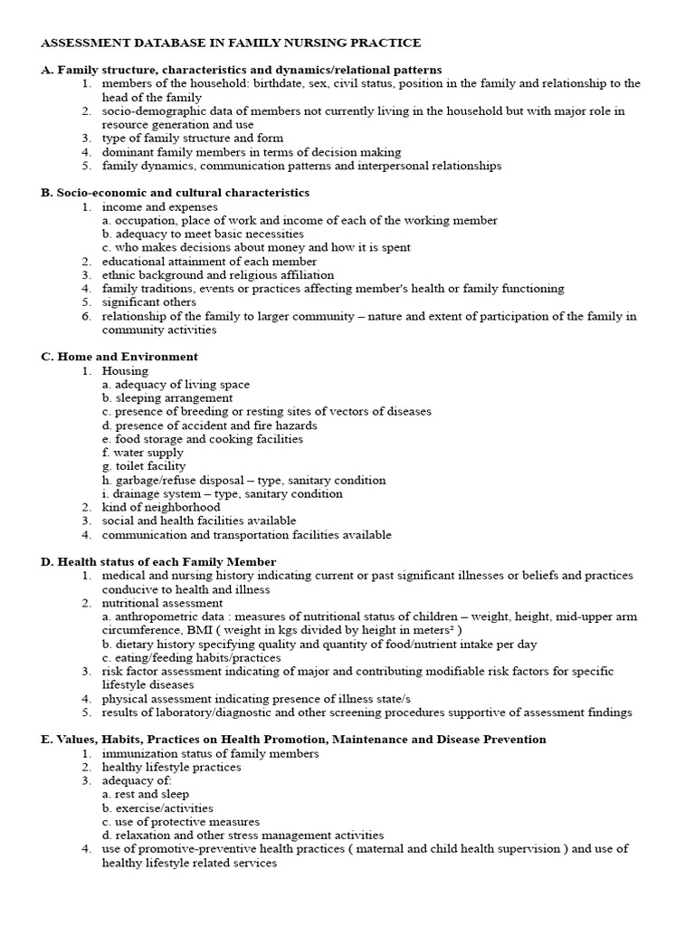 Family Nursing Practice Assessment Guide | PDF | Sanitation | Public Health