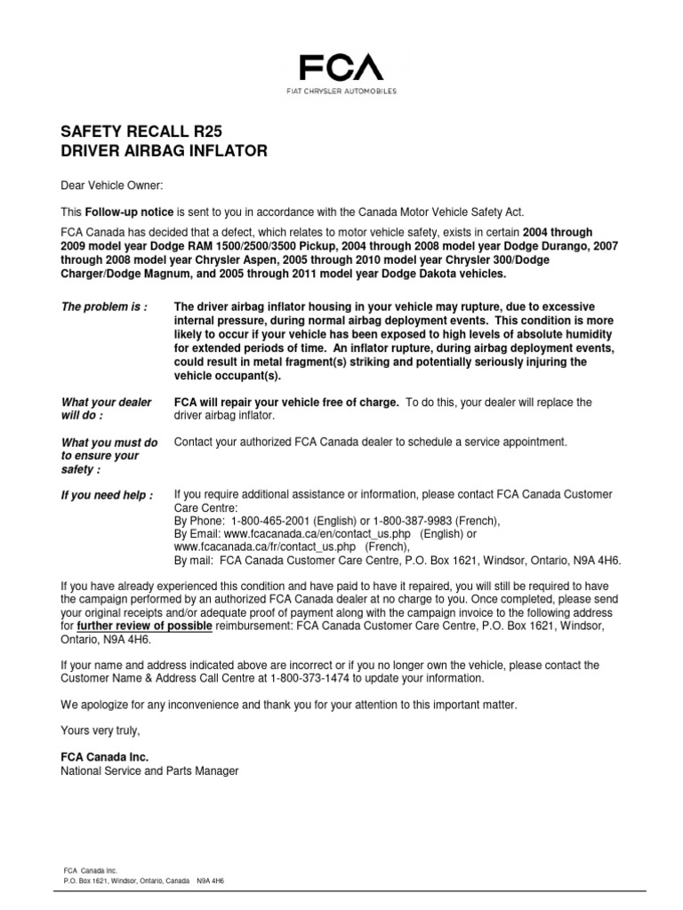 Safety Recall R25 Driver Airbag Inflator: The Problem Is | PDF | Dodge ...