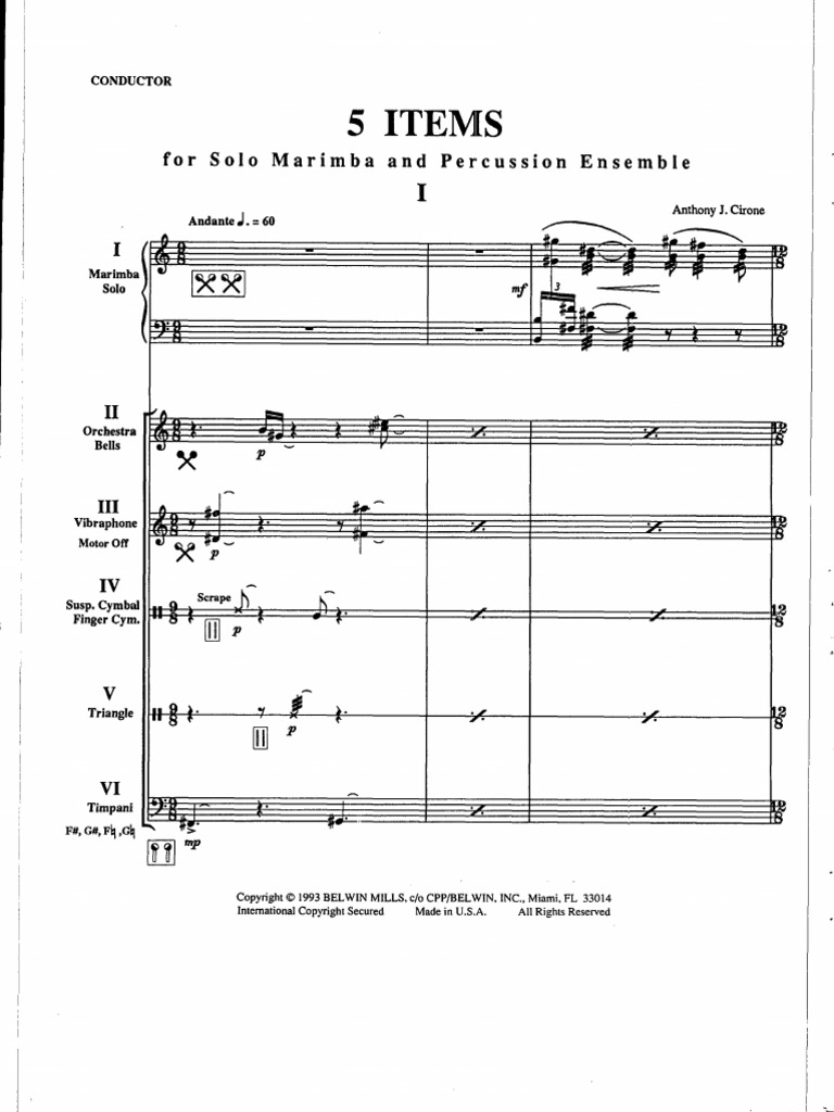 5 Items For Marimba and Percussion Ensemble (Score) - Cirone, Anthony | PDF