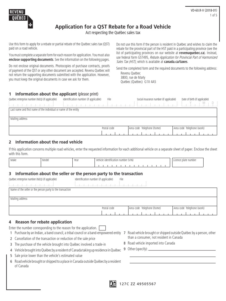 Application For A QST Rebate For A Road Vehicle: Act Respecting The ...