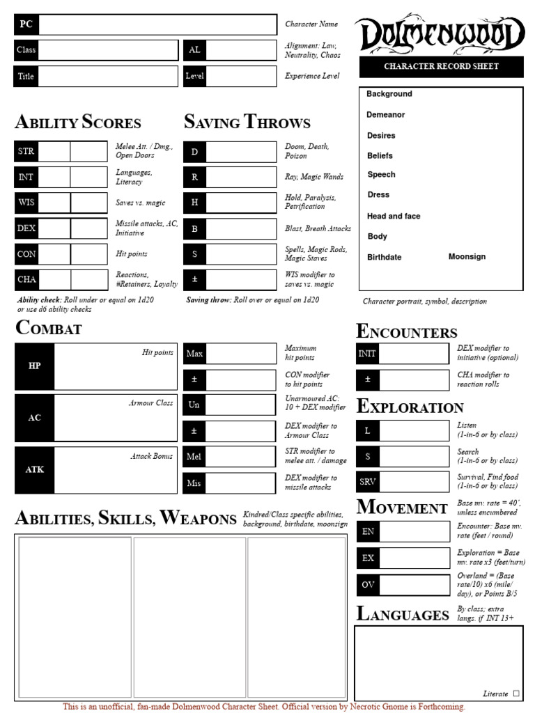 Dolmenwood Character Sheet Template | PDF