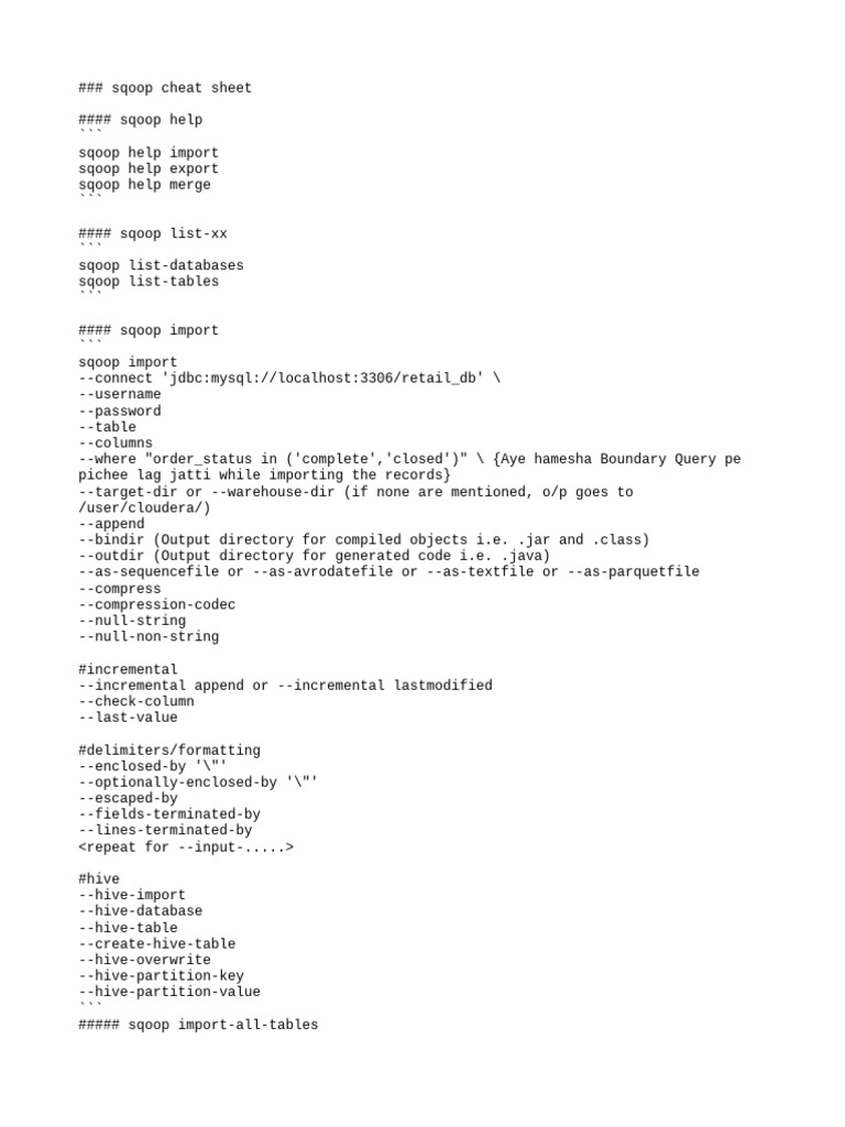 Sqoop Command Cheat Sheet Guide | PDF | Computers