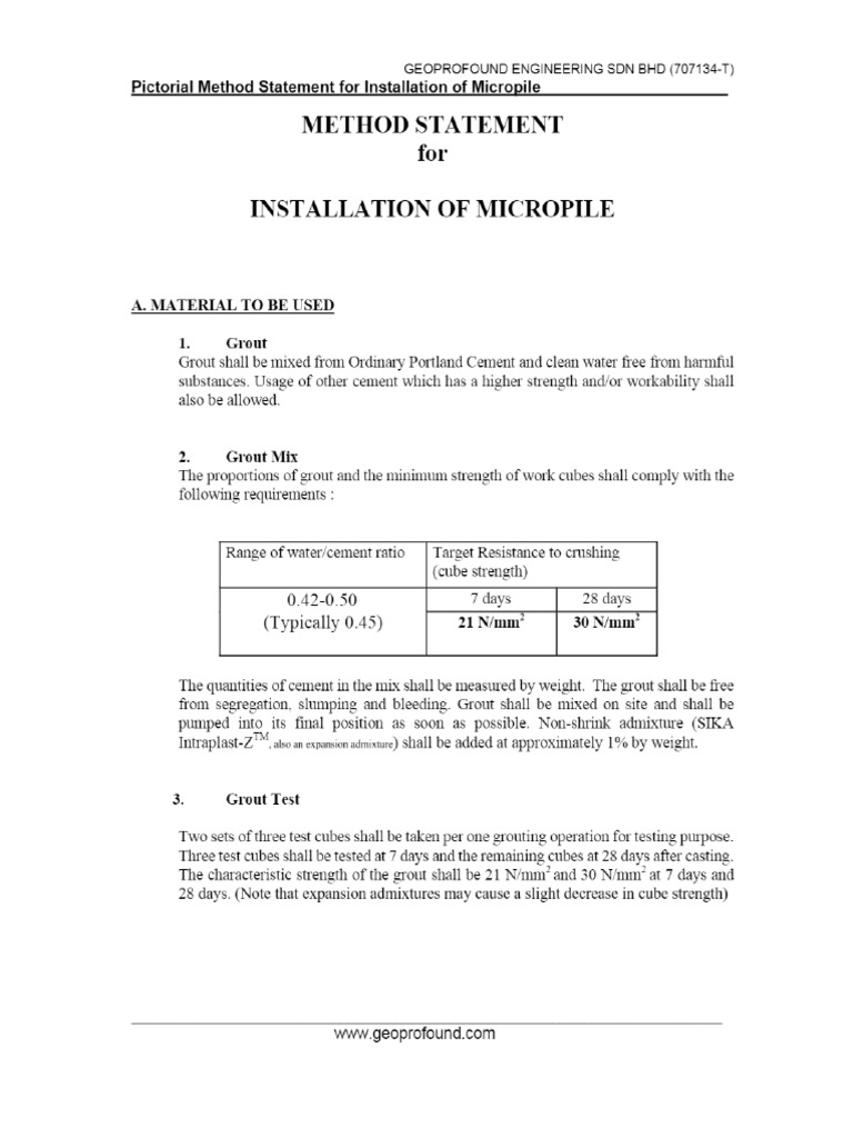 Method Statement For Installation Of Micropile Pdf Pdf