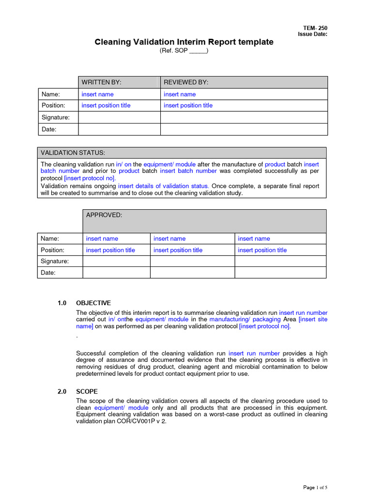 TEM 250 Cleaning Vaidationl Interim Report Template Sample PDF