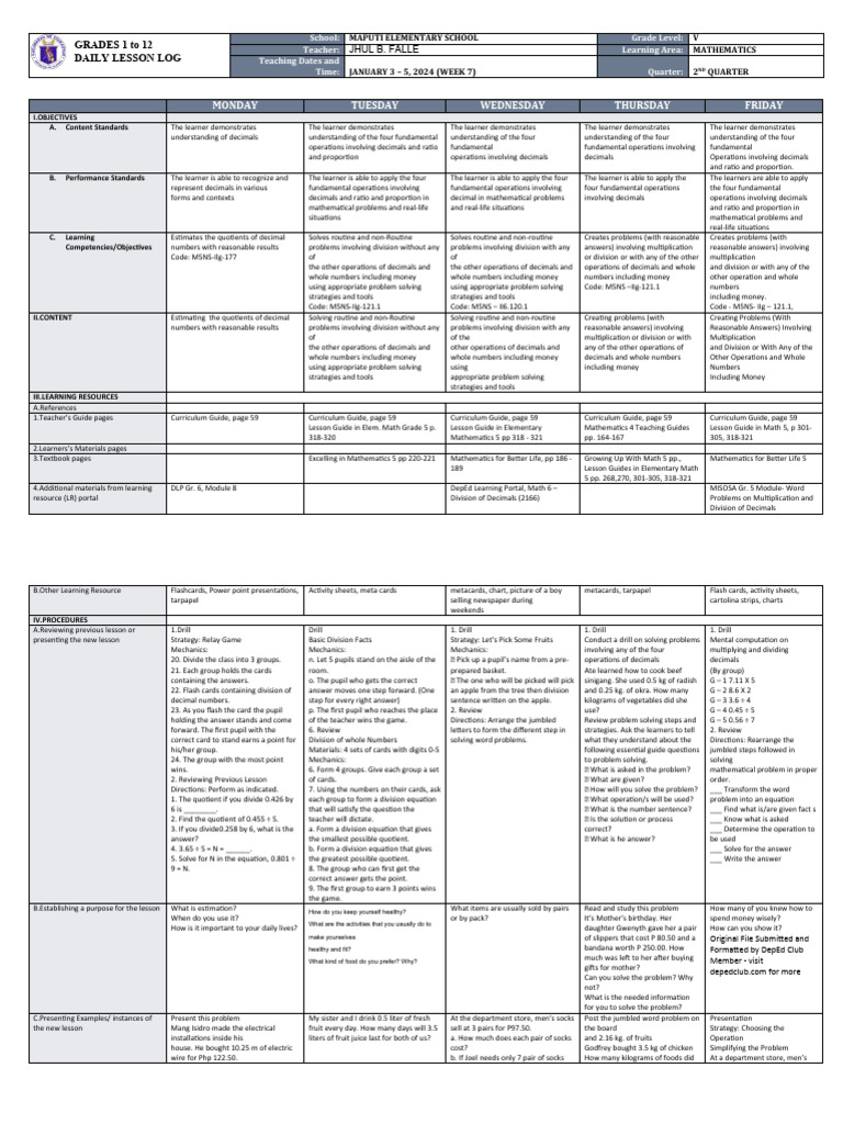 Grade 5 Math Lesson Plan | PDF