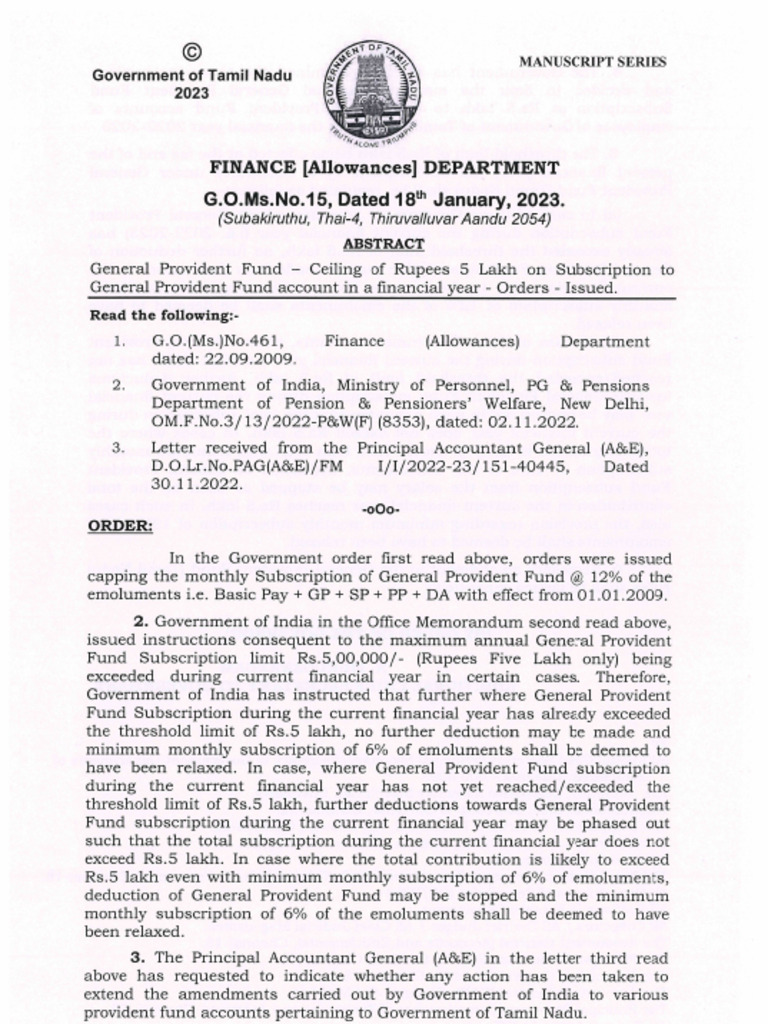 G.O.Ms - No.15, Dt.,18-01-23 GPF Rs.5 Lakh 500000 | PDF