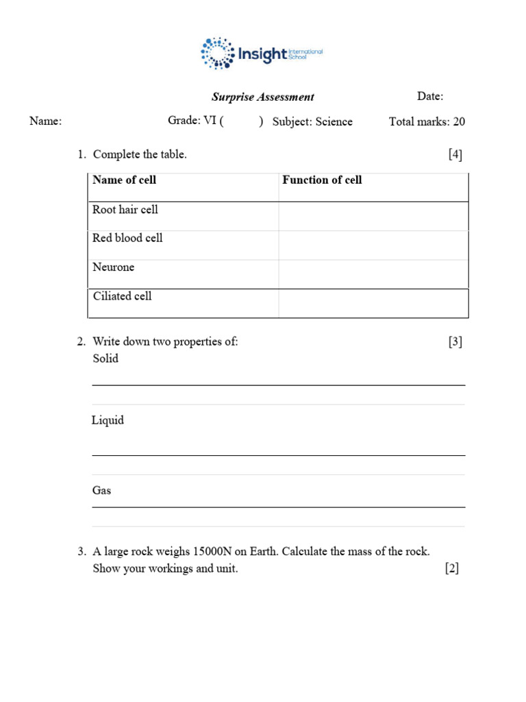 Grade VI Science Surprise Assessment | PDF | Science & Mathematics