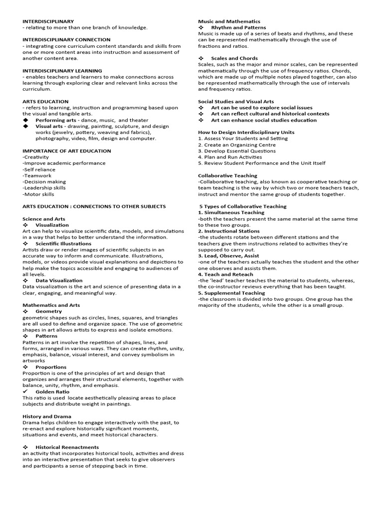Group 6 Interdisciplinary Connection Pdf The Arts Shape
