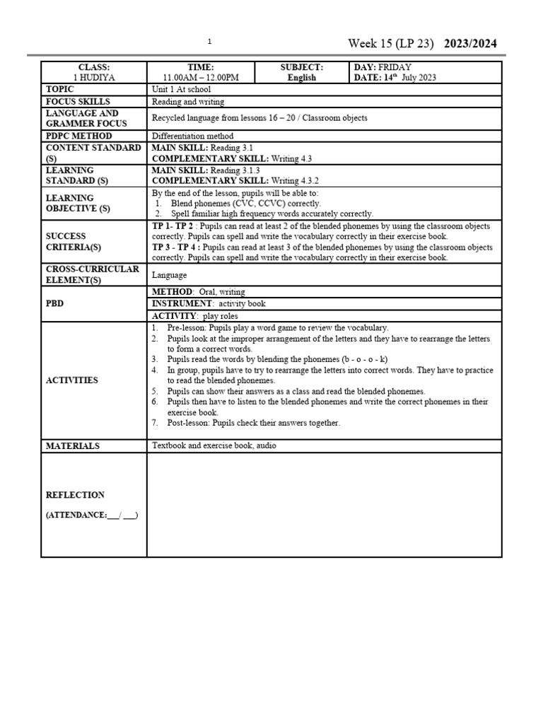 English Year 1 LP 23 Reading and Writing | PDF | Learning Methods ...