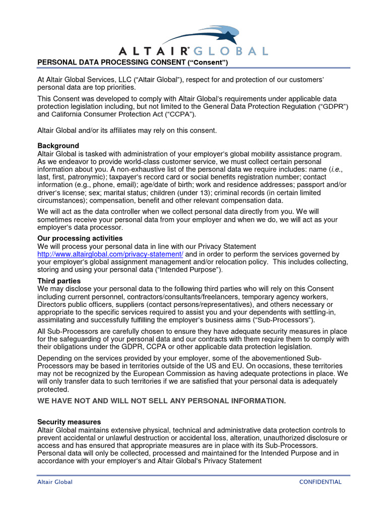 Altair Global Data Processing Consent | PDF | Information Privacy ...