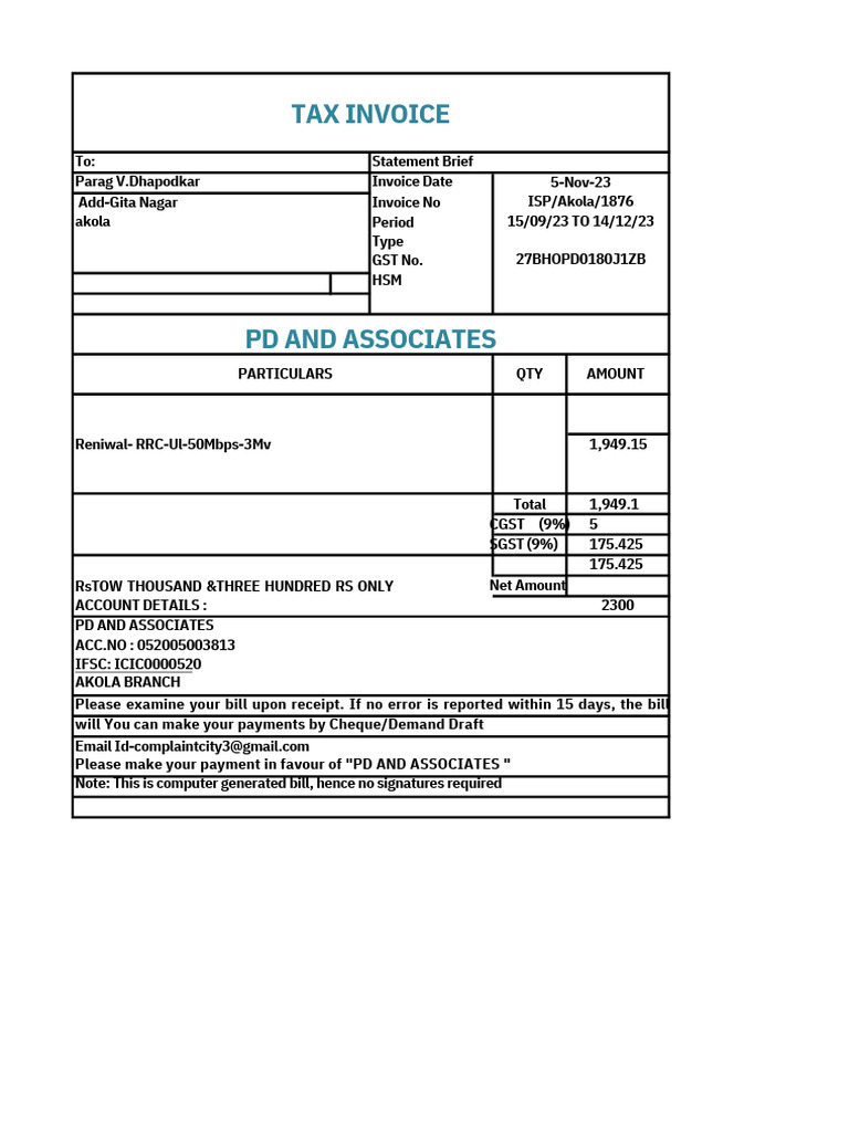 ISP Invoice for PD and Associates | PDF