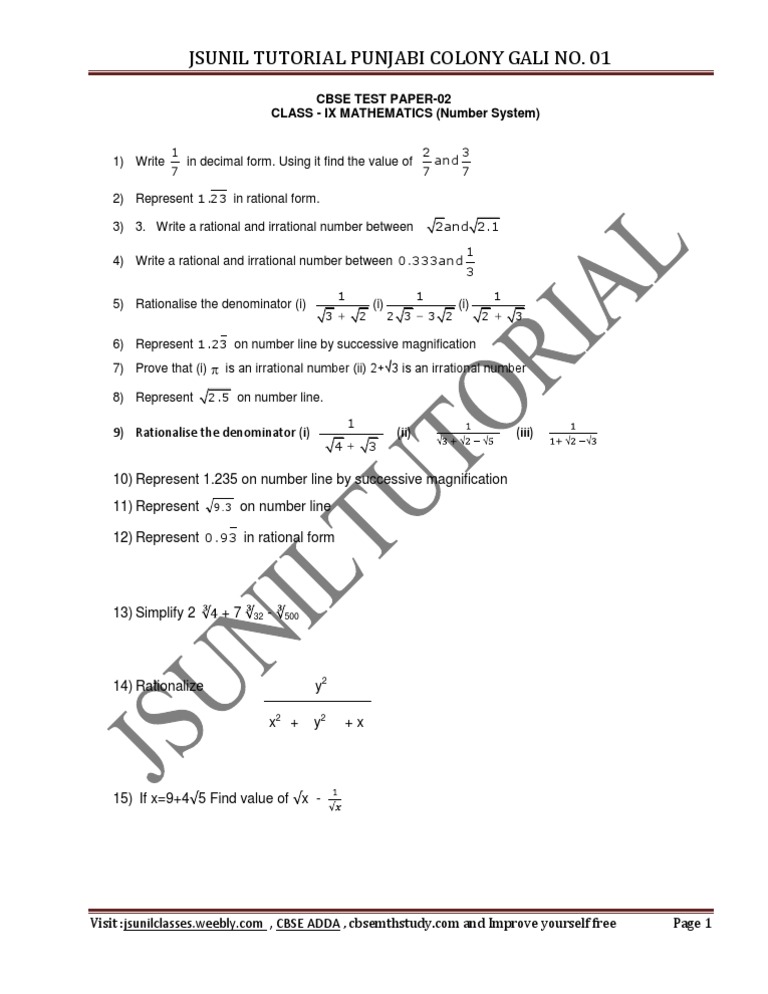 9th Number System Test Paper-2 | PDF | Numbers | Elementary Mathematics