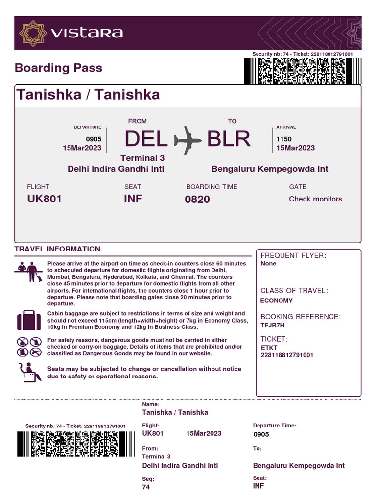 Vistara Boarding Pass Download Free PDF Airport Business Class