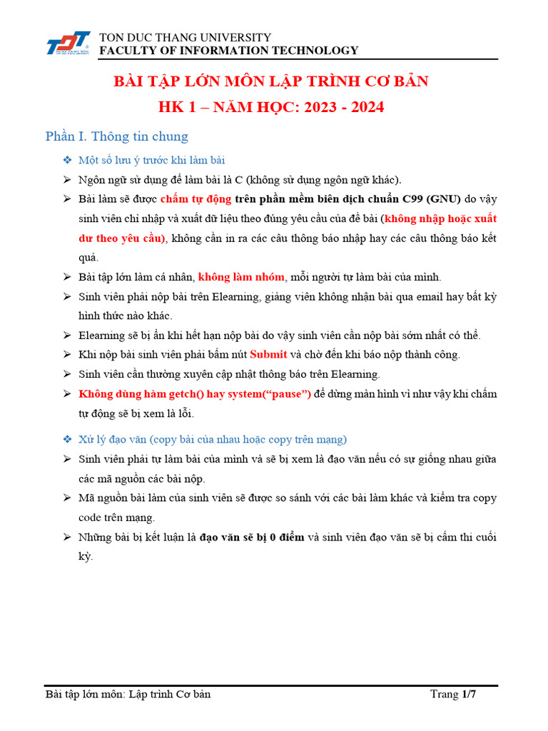 Bai Tap Lon Mon Lap Trinh Co Ban Hk1 - 2324 | PDF