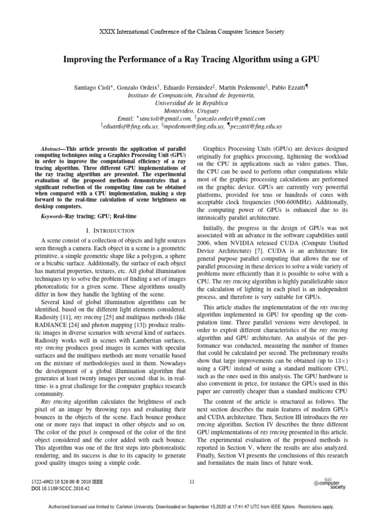 Improving the performance of a ray tracing algorithm using a gpu pdf