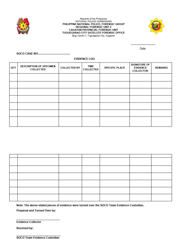 SOCO Evidence Log and Case Details | PDF