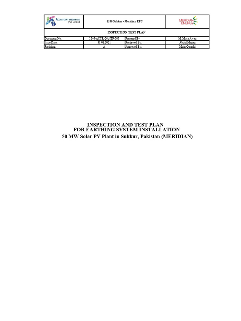 Inspection Test Plan for Solar PV Earthing | PDF | Electrical ...