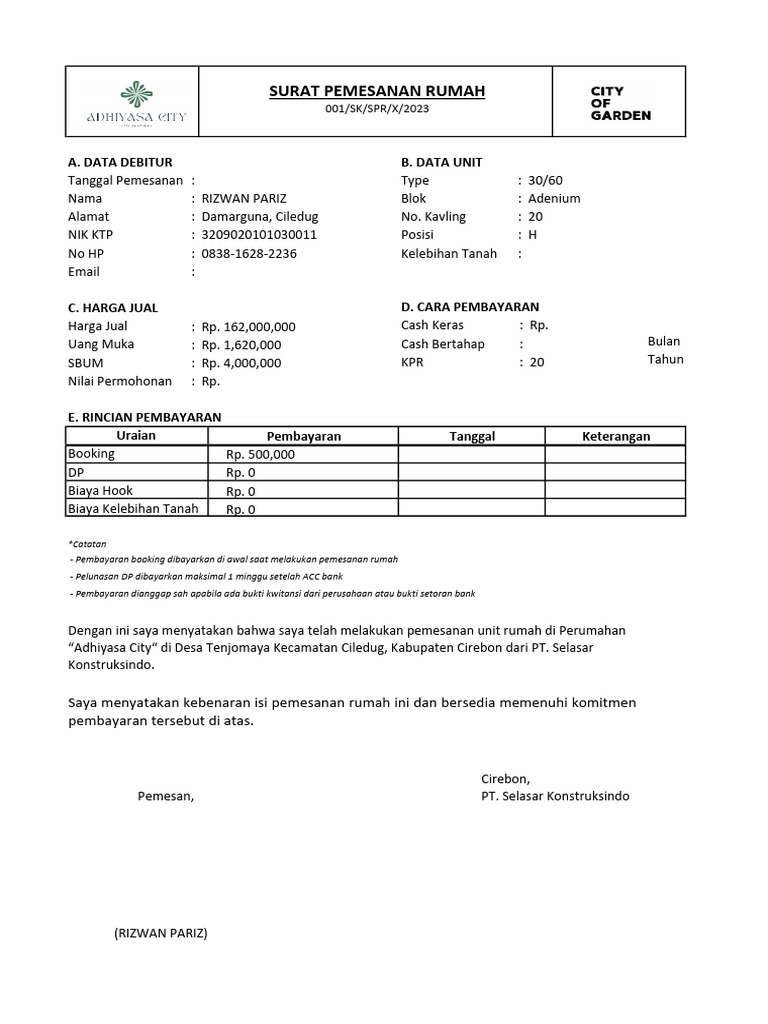 Surat Pemesanan Rumah Adhiyasa City | PDF