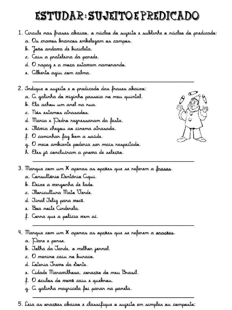 Atividades sobre Sujeito e Predicado | PDF | Assunto (gramática)