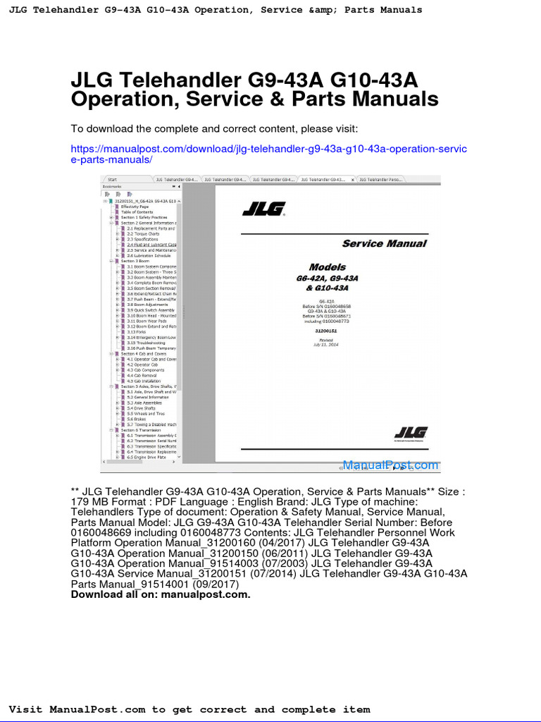 JLG Telehandler g9 43a g10 43a Operation Service Parts Manuals PDF
