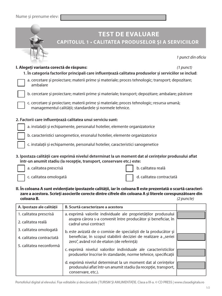 Test de Evaluare Editabil Modul 2 - Cap - 1 - Turism Si Alimentatie CD ...