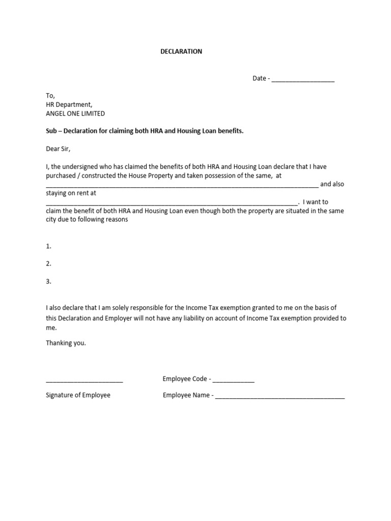 Declaration For Claiming Both HRA and Housing Loan Benefits in Same ...
