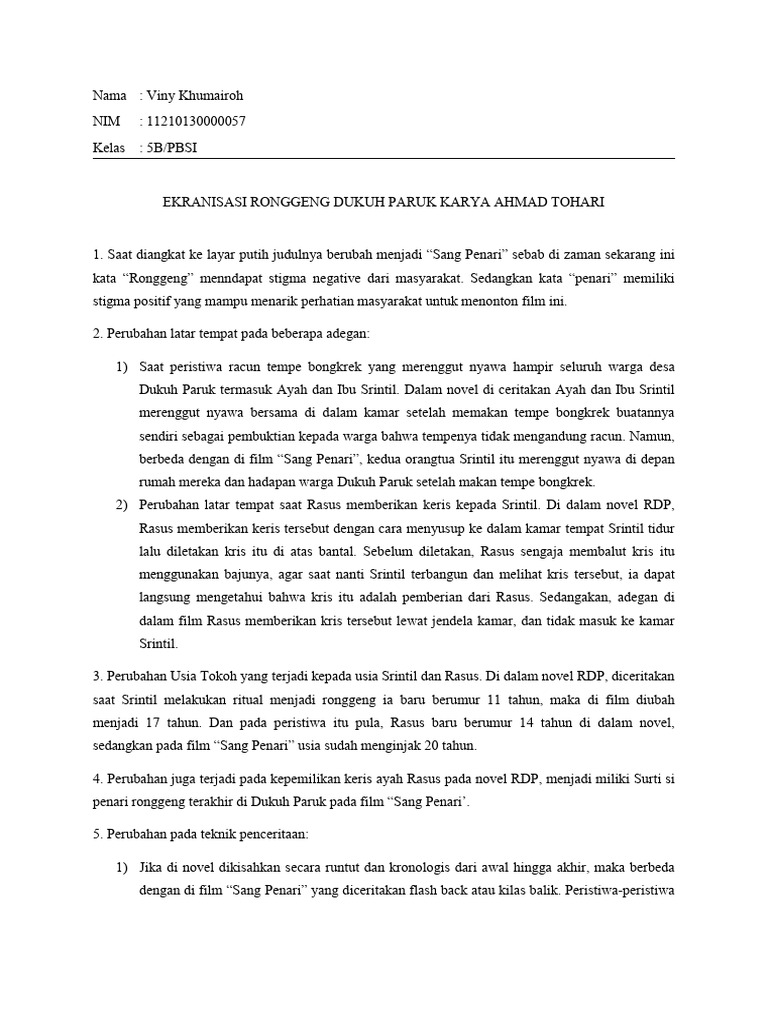 Ekranisasi Ronggeng Dukuh Paruk Karya Ahmad Tohari PDF