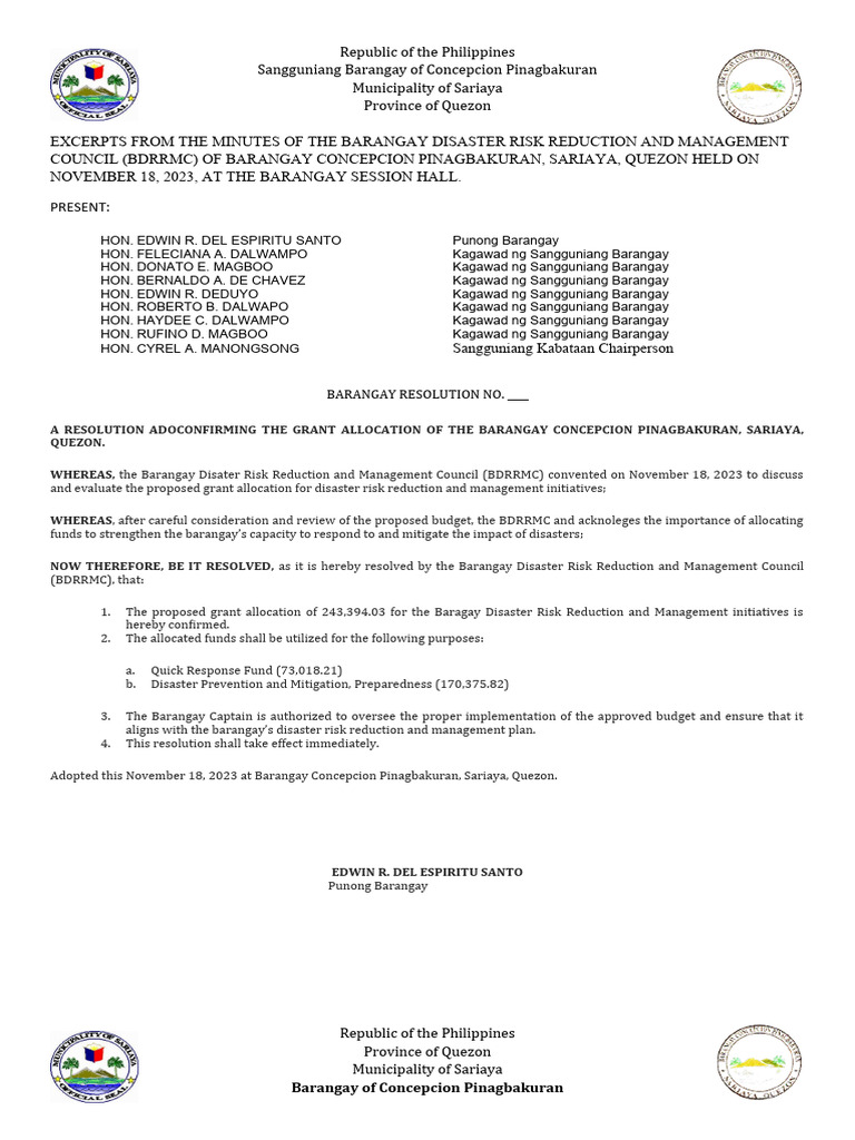 Barangay Disaster Risk Management Allocation | PDF