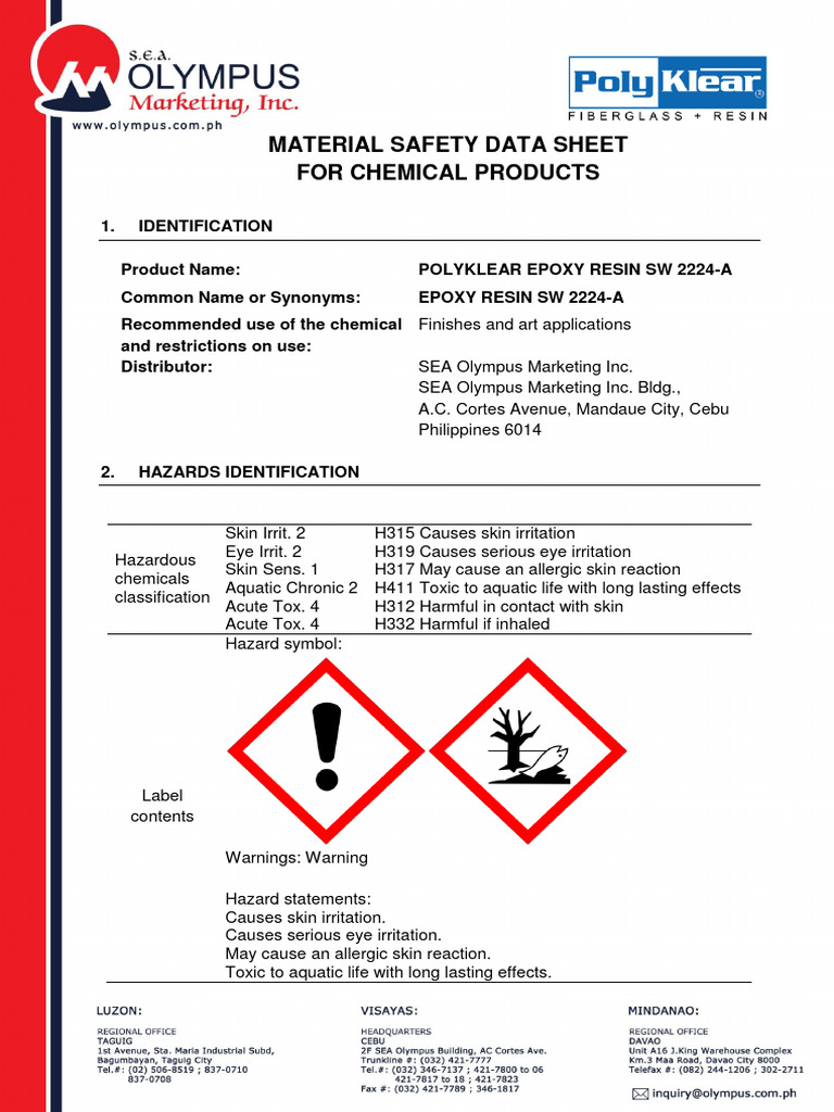 MSDS Polyklear Epoxy Resin Sw2224A PDF Waste Toxicity