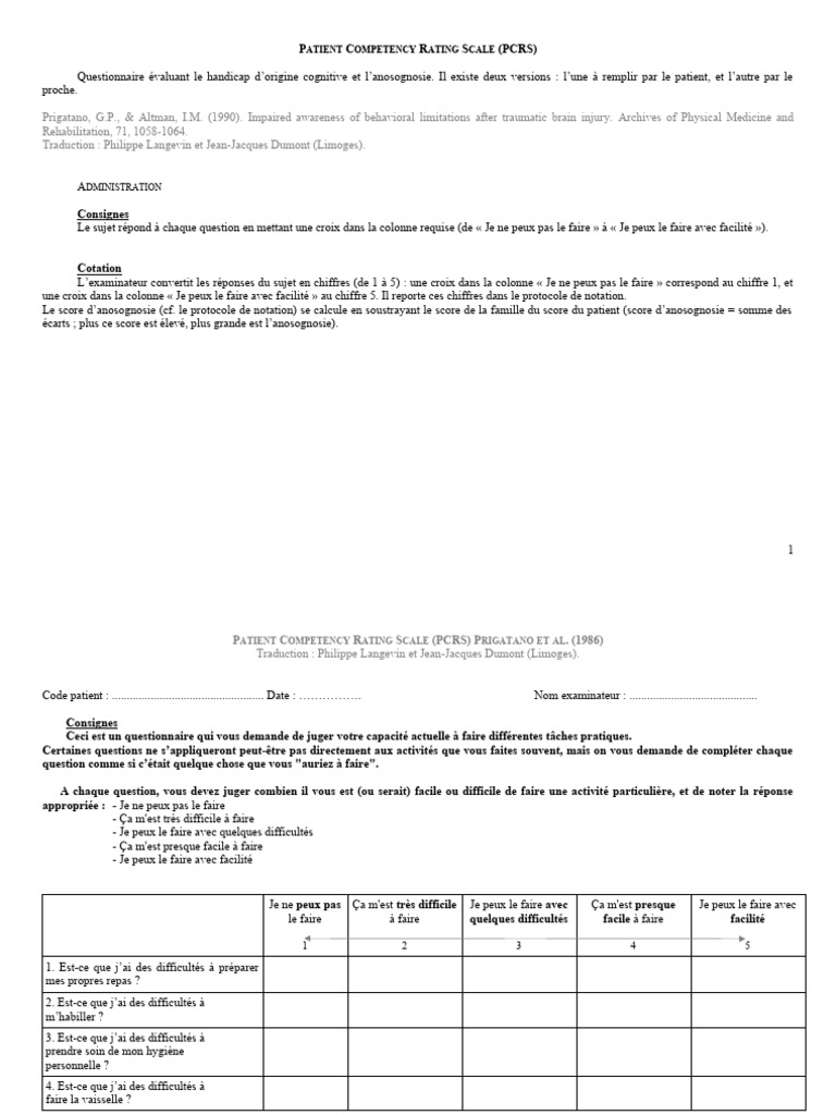 Évaluation de la Compétence Patient PCRS | PDF