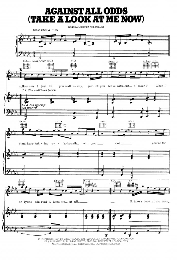 Sheet Music Piano Phil Collins Against All Odds V2