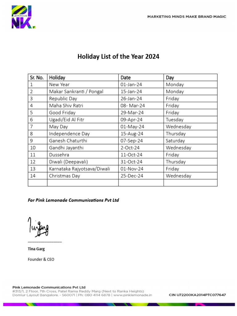 Holiday List 2024 PDF