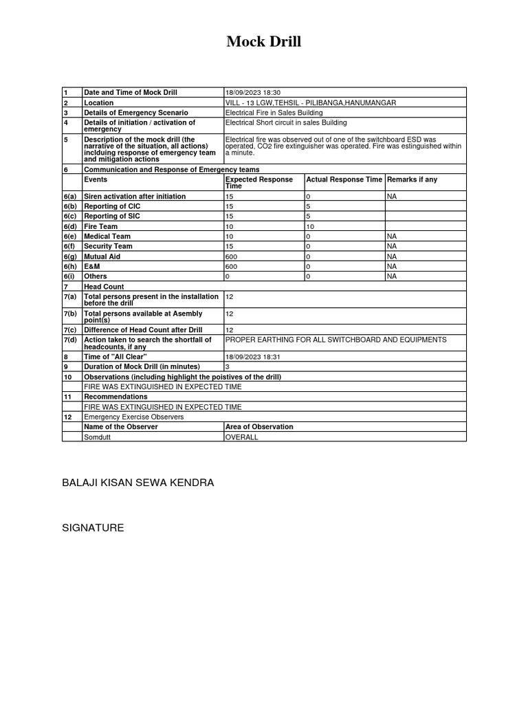 Mock Drill Report Pdf Emergency Management Civil Defense