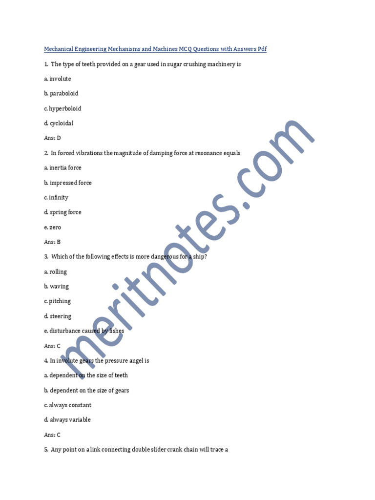 Mechanisms Machines MCQ Questions PDF