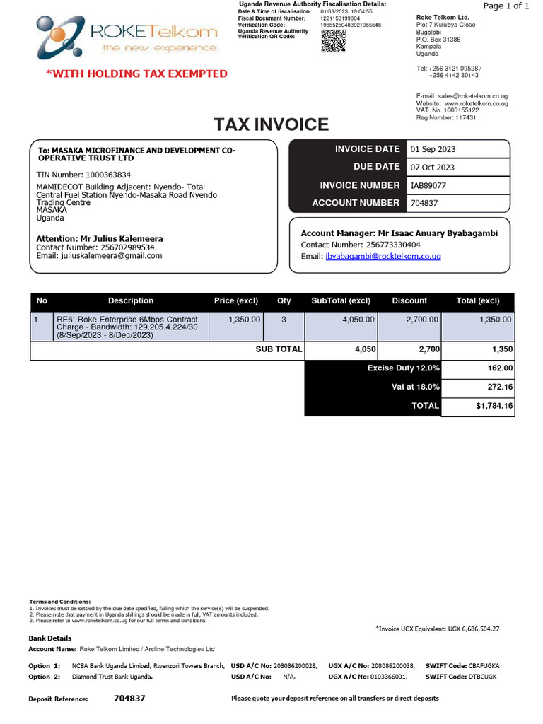 Tax Invoice for Roke Telkom Services | PDF | Invoice | Value Added Tax