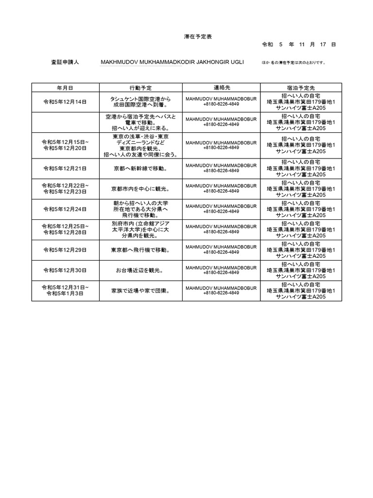 滞在予定表 1 | PDF