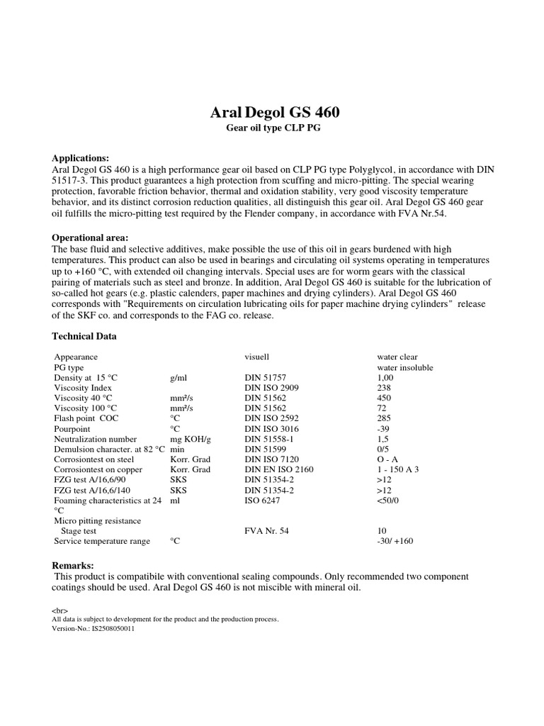 Aral Degol Gs 460 Germany English PDB 456231 | PDF | Gear | Motor Oil