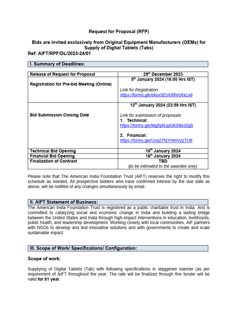 RFP for OEMs: Supply of Digital Tablets | PDF | Finance & Money Management