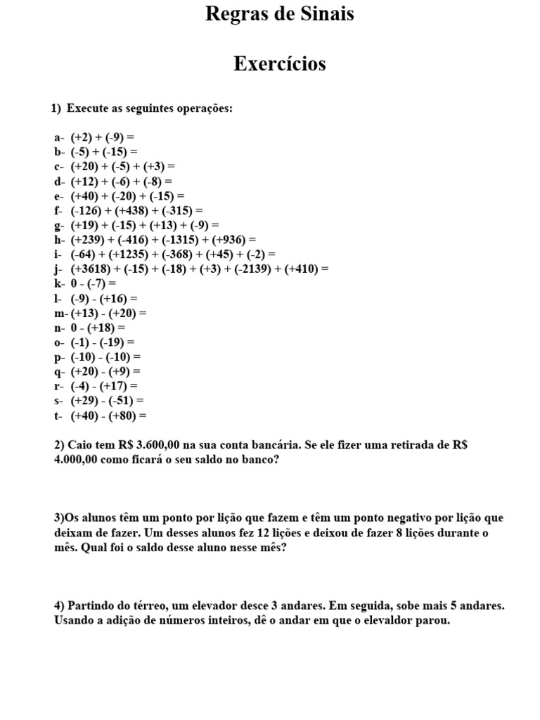 Exercícios de Regras de Sinais 7º Ano | PDF
