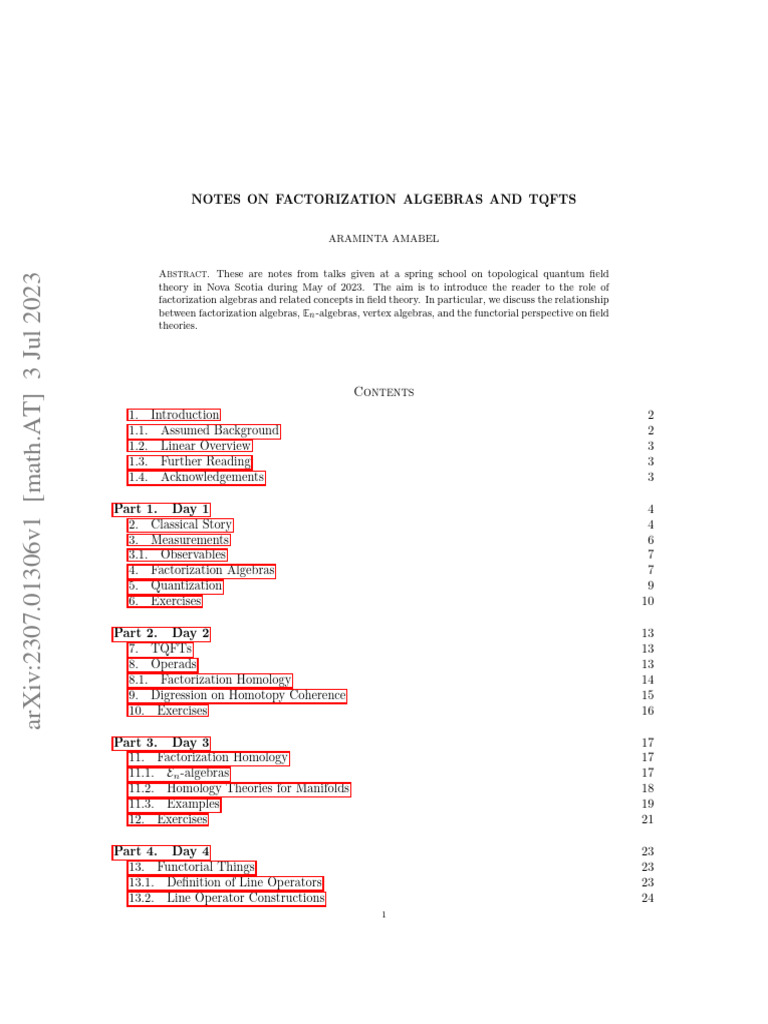 Notes On Factorization Algebras and TQFTs | PDF